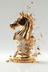 Fototapeta premium Gold chess knight breaking into pieces representing strategy, creativity, and power in a compelling visual concept.