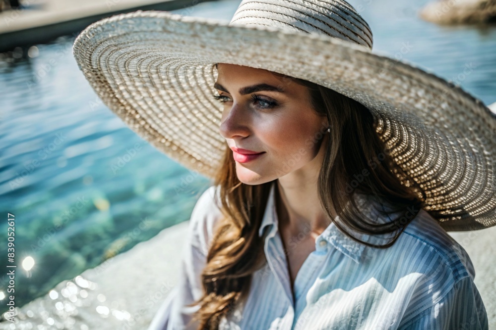 Wall mural Summer vacation on the beach, Close-up of a beautiful woman in a straw hat. Summer time. Rest and vacation, a place to copy.