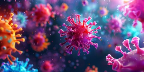 A 3D illustration of colorful coronavirus particles with a close-up view of a single particle in focus