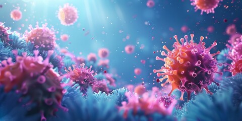 A digital rendering of microscopic coronavirus particles, highlighting their structure and spread