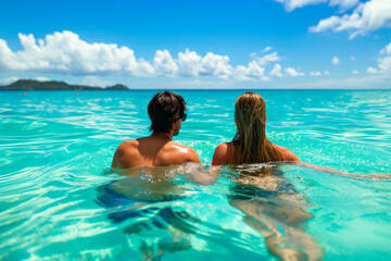 Young couple swimming in the sea