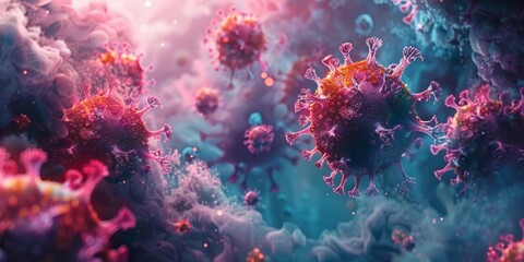 Fototapeta premium A microscopic view of Coronavirus particles in a hazy blue background