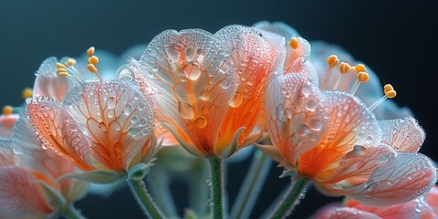 A detailed view of a flower covered in water droplets