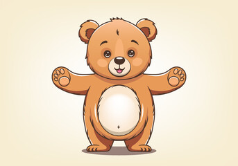 Vector cartoon standing plush cute beautiful little kind Teddy bear wants to hug. He spread his paws. Gift favorite soft toy. Graphic sticker. Light background.