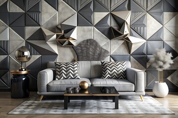 Black, white, gray wall sculpture, focal, geometric sofa, accent pieces