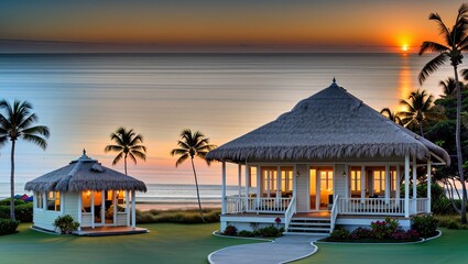 Fototapeta premium beach house on the seashore at sunset