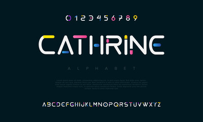 Cathrine creative geometric modern urban alphabet font. Digital abstract futuristic, fashion, sport, minimal technology typography. Simple numeric vector illustration