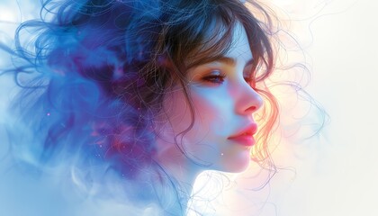 Dreamy portrait of a woman with blue and orange light.
