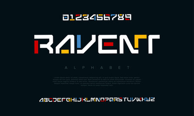 Ravent creative geometric modern urban alphabet font. Digital abstract futuristic, fashion, sport, minimal technology typography. Simple numeric vector illustration