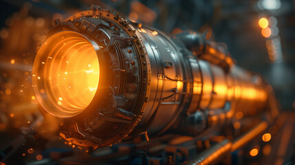 Industrial Precision. a cylindrical metallic machine part with intricate details, illuminated by a warm glow at one end. 