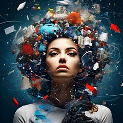 A lady's head surrounded by mess. Overthinking concept