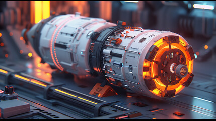 Futuristic Reactor Core. A highly detailed 3D rendering of a futuristic reactor core with intricate mechanical components, set against metallic surfaces.
