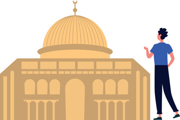 Boy is standing in front of mosque.