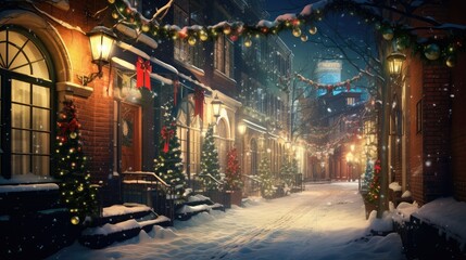 Obraz premium Christmas lights reflecting on a snowy street