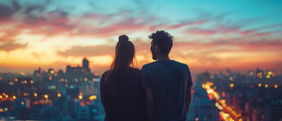 Embracing Economic Freedom: Young Adventurous Couple Exploring Vibrant Cityscape with Copy Space for Text