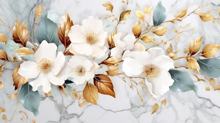 Festive wedding floral arrangement with delicate white flowers gold leaves on marble backdrop. 