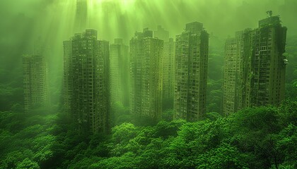 Sunbeams pierce through the mist, illuminating a cluster of abandoned buildings overtaken by nature.
