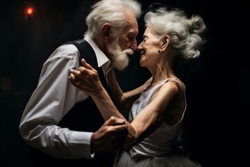 Senior man and woman share a loving dance, their connection illuminated in a dimly lit ambiance