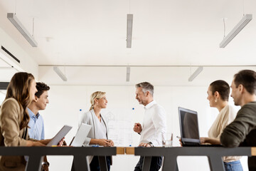 Businesswoman and businessman leading a meeting in office