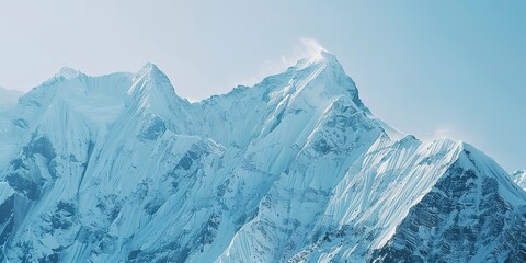 Obraz premium Alpine mountain peak, close view of icy details, cold blue tones, crisp clear morning light, high angle. 