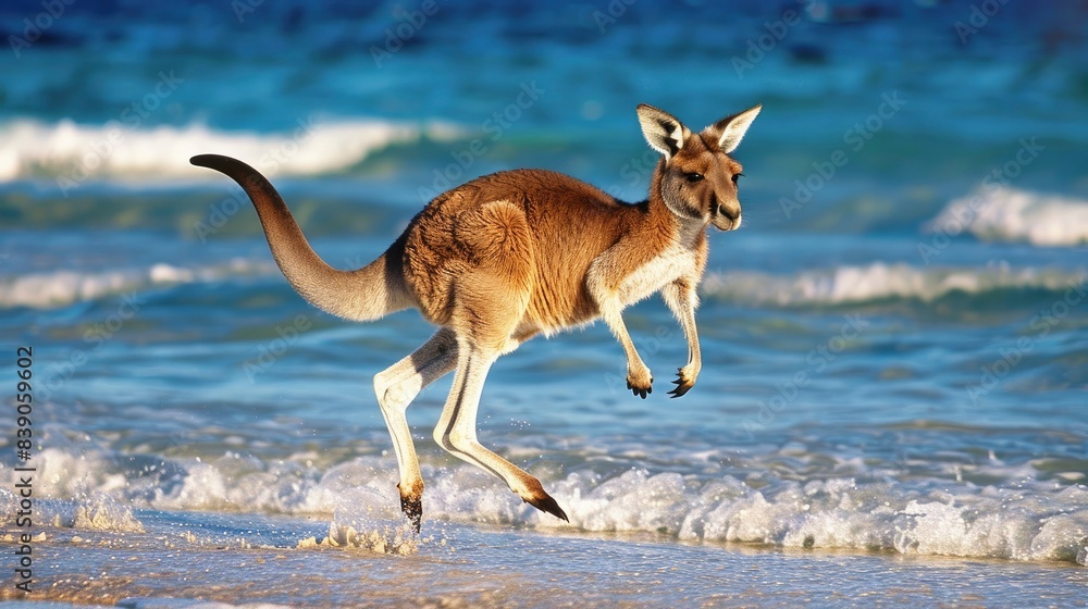 Wall mural Kangaroo jumping over the beach on sunny day with clear blue ocean in the background