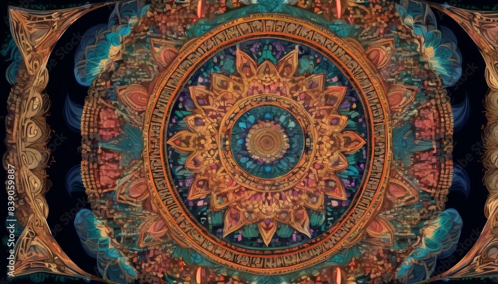 Poster a detailed digital artwork featuring an intricate mandala pattern with rich colors and symmetrical d