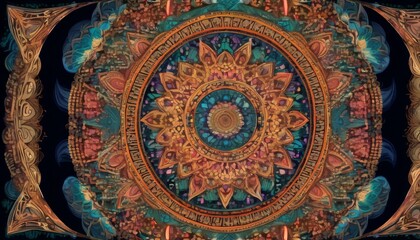A detailed digital artwork featuring an intricate mandala pattern with rich colors and symmetrical details on a dark background.. AI Generation