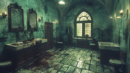 A dilapidated bathroom with blood stains and an eerie atmosphere.