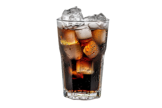 Glass of cola with ice isolated on transparent background