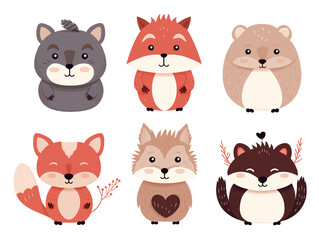 Cute animals in love. Valentines day loving animals with hearts. romantic Cartoon vector characters