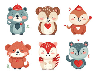 Cute animals in love. Valentines day loving animals with hearts. romantic Cartoon vector characters