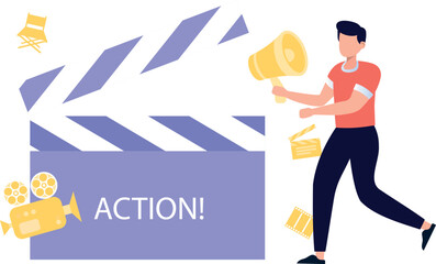 The boy is announcing the recording of the film.