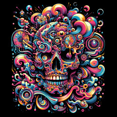 Obraz premium Vector psychedelic vibrant skull t shirt design