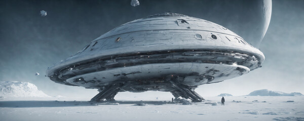 Ufo Spaceship landed on snowy landscape. Highly detailed and realistic illustration