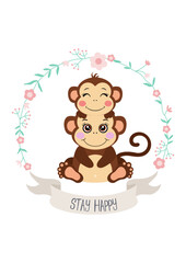 Stay happy flower wreath with mother and baby monkey