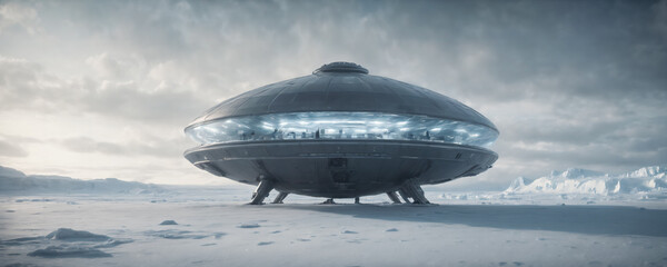 Ufo Spaceship landed on snowy landscape. Highly detailed and realistic illustration