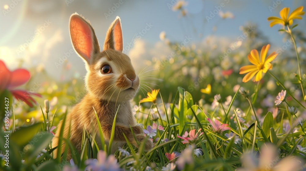 Wall mural A fluffy bunny hopping through a field of wildflowers, ears perked up in curiosity. - Wall murals
