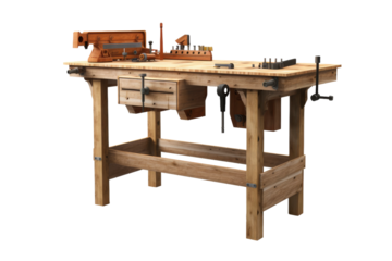 The Inventors Haven: A Wooden Workbench Abuzz With Tools on a White or Clear Surface PNG Transparent Background..