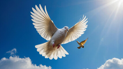 Obraz premium White dove in flight against the blue sky. Symbol of peace, goodness and purity