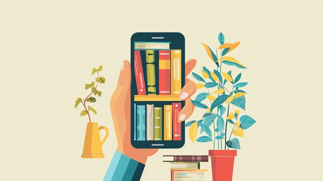 A hand holding a smartphone with a library of books on the screen. The hand is holding the phone in front of a shelf of books.