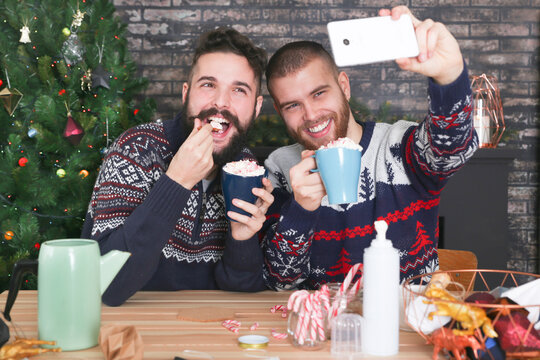 Happy gay couple taking selfie with smartphone at Christmas time at home
