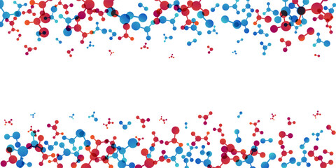 Top and down borders with molecules, data or other tech structure elements. Pharmacy, biotechnology or chemistry design concept. Vector decoration element in red and blue colors