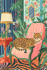 Illustration of a spotted leopard, puma, jaguar, sitting on a sofa in a room full of decorations, animal decoration, animal illustration, leopard illustration, puma illustration, jaguar illustration