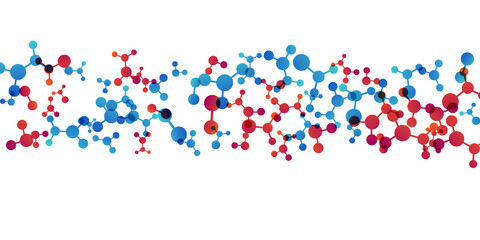 Horizontal border with molecules, data or other tech structure elements. Pharmacy, biotechnology or chemistry design concept. Vector decoration element in red and blue colors