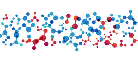 Horizontal border with molecules, data or other tech structure elements. Pharmacy, biotechnology or chemistry design concept. Vector decoration element in red and blue colors