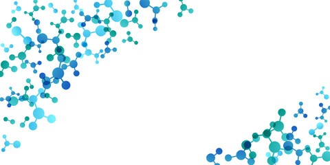 Corners with molecules, data or other tech structure elements. Pharmacy, biotechnology or chemistry design concept. Vector decoration element in green and blue colors