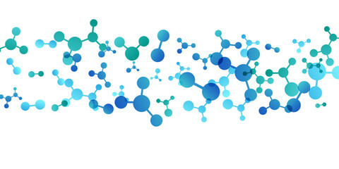 Horizontal border with molecules, data or other tech structure elements. Pharmacy, biotechnology or chemistry design concept. Vector decoration element in green and blue colors
