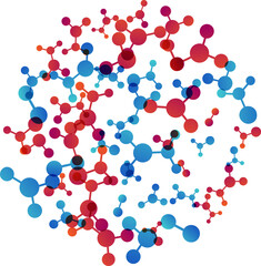 Circle with molecules, data or other tech structure elements. Pharmacy, biotechnology or chemistry design concept. Vector decoration element in red and blue colors