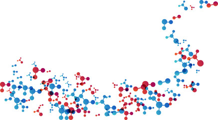 Wavy effect with molecules, data or other tech structure elements. Pharmacy, biotechnology or chemistry design concept. Vector decoration element in red and blue colors