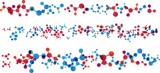 Dividers with molecules, data or other tech structure elements. Pharmacy, biotechnology or chemistry design concept. Vector decoration element in red and blue colors